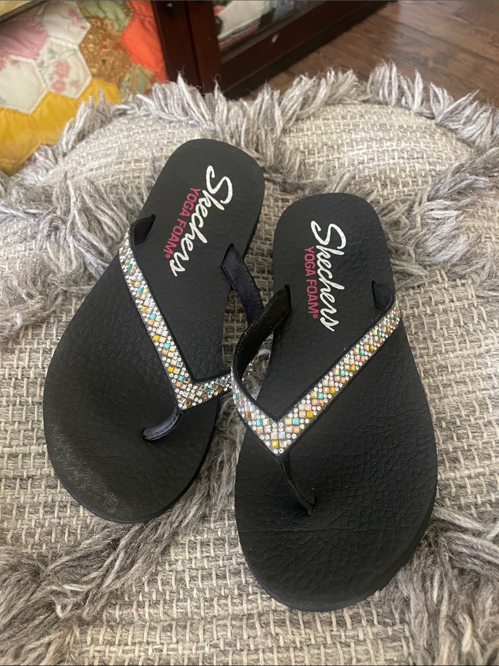 Skechers Black Flip Flop Sandals with Multicolor Gem Accents